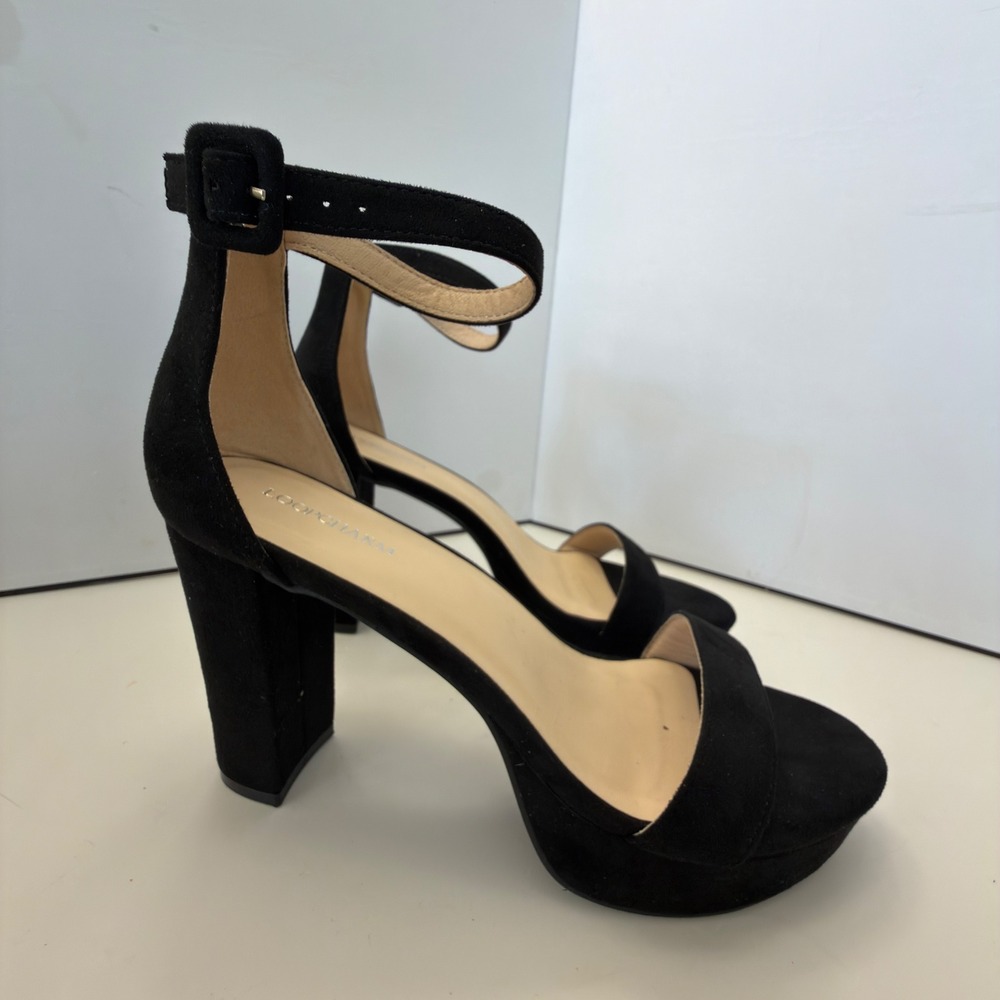 Loopcharm‎ Womens Black Faux Suede Block Heel Platform Ankle Strap Sandals